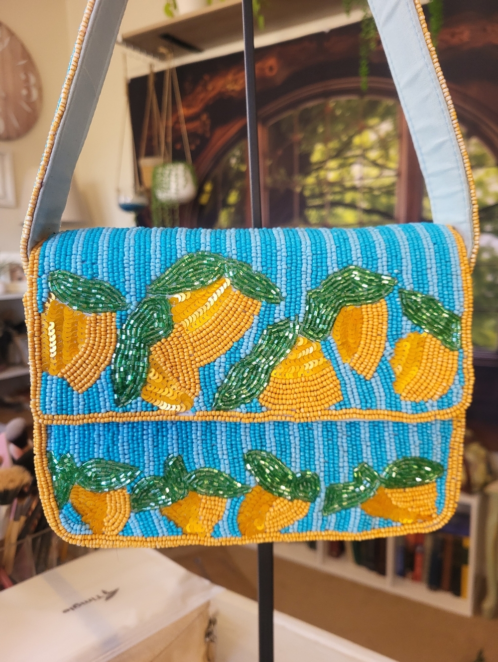 Hand-Beaded Blue & Gold Striped Lemon Motif Shoulder Bag. - Picture 6 of 16